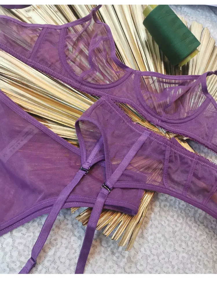 Sexy lace mesh see-through bra briefs set triangle cup small chest gathered bra steel ring women's lingerie three-piece set 
Sexy lace mesh see-through bra briefs set triangle cup small chest gathered bra steel ring women's lingerie three-piece set