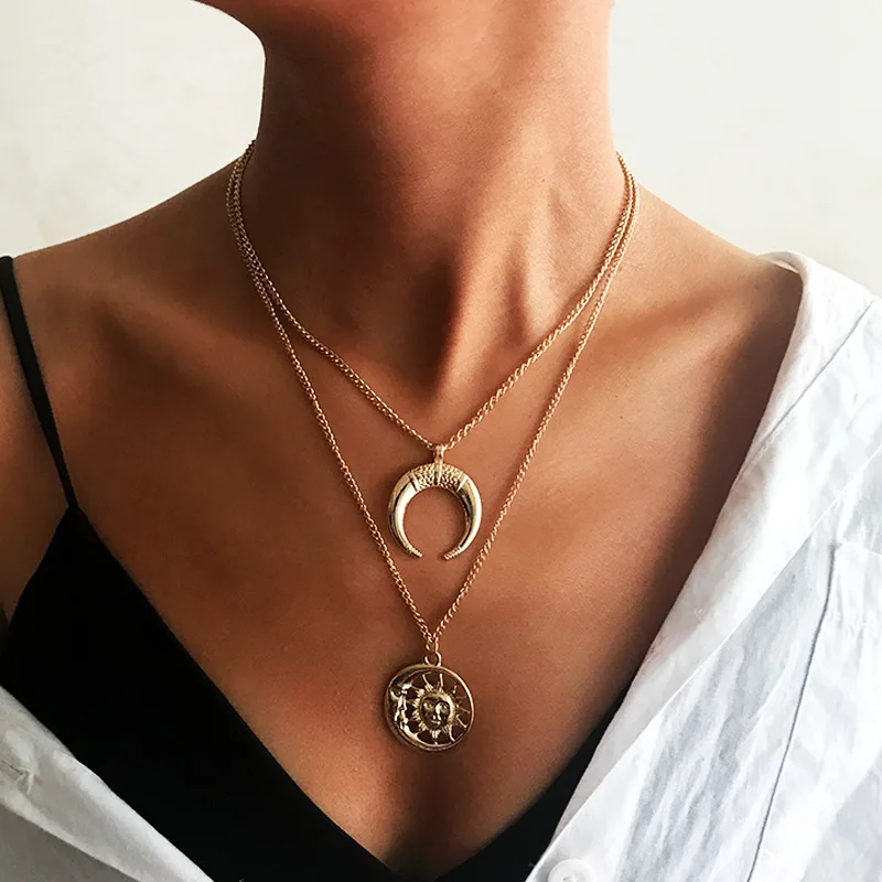 Double layer Chain Necklace Ladies Gold Silver Color Bohemian Vintage Sun Moon Pendant Necklace Harajuku Women Jewelry Collares
Double layer Chain Necklace Ladies Gold Silver Color Bohemian Vintage Sun Moon Pendant Necklace Harajuku Women Jewelry Collares