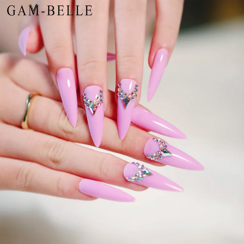 

GAM-BELLE 24 шт поддельные ногти с дизайном 3D Стразы розовые французские шпильки Накладные Ногти украшения полные искусственные ногти