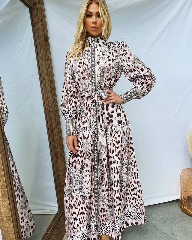 Leopard Print dresses for women 2021 casaul stand Collar Brown Long Sleeve print Dress 
Leopard Print dresses for women 2021 casaul stand Collar Brown Long Sleeve print Dress