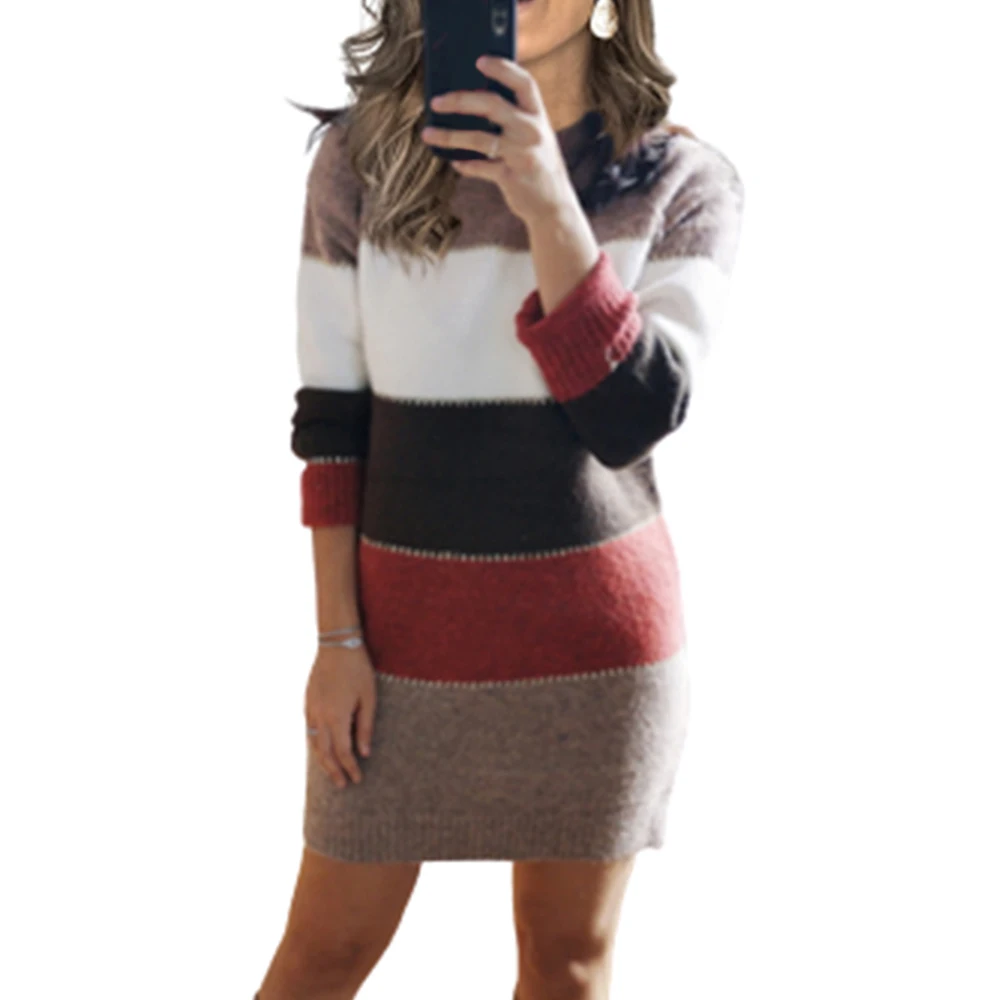 Женское трикотажное платье-свитер в полоску, с круглым вырезом и длинным рукавом
Женское трикотажное платье-свитер в полоску, с круглым вырезом и длинным рукавом