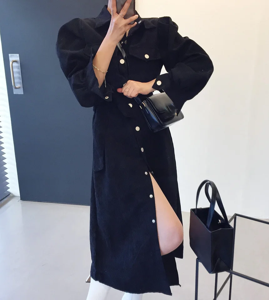 Temperament elegant lapel corduroy dress women single-breasted lace-up waist puff sleeved shirt dress
Temperament elegant lapel corduroy dress women single-breasted lace-up waist puff sleeved shirt dress