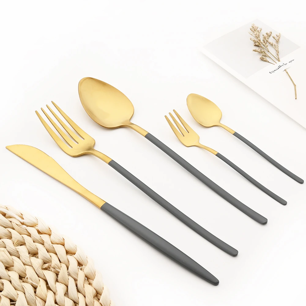 Matte Dark Gray Gold 18/10 Stainless Steel Cutlery Flatware Set Dinnerware Set Knife Dessert Fork Spoon Chopsticks Tableware Set
Matte Dark Gray Gold 18/10 Stainless Steel Cutlery Flatware Set Dinnerware Set Knife Dessert Fork Spoon Chopsticks Tableware Set