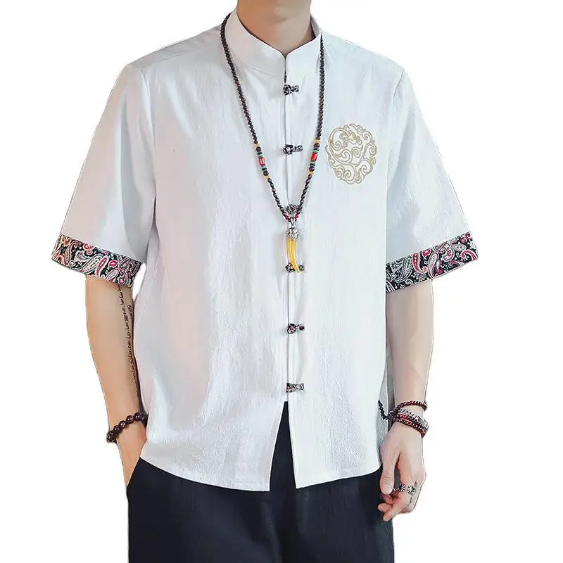 Chinese style flax button shirt men's short sleeve T shirt Chinese style Tang suit cotton and linen retro style men's casual
Chinese style flax button shirt men's short sleeve T shirt Chinese style Tang suit cotton and linen retro style men's casual