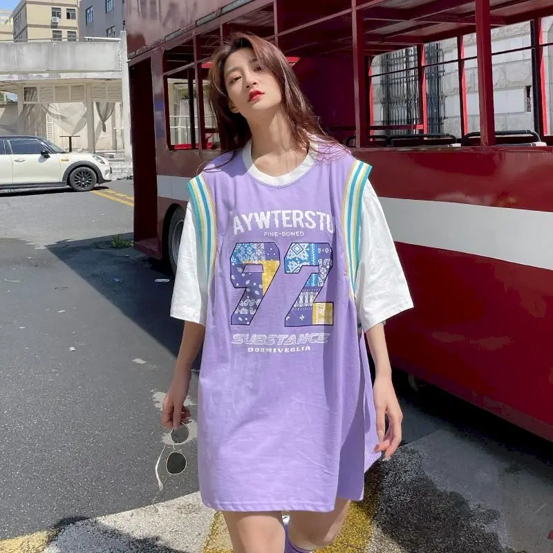 Purple Fake Two-piece T Shirt Basketball Uniform Short-sleeved T Shirt Women Loose Thin Oversized Half-sleeved Student Tshirts
Purple Fake Two-piece T Shirt Basketball Uniform Short-sleeved T Shirt Women Loose Thin Oversized Half-sleeved Student Tshirts