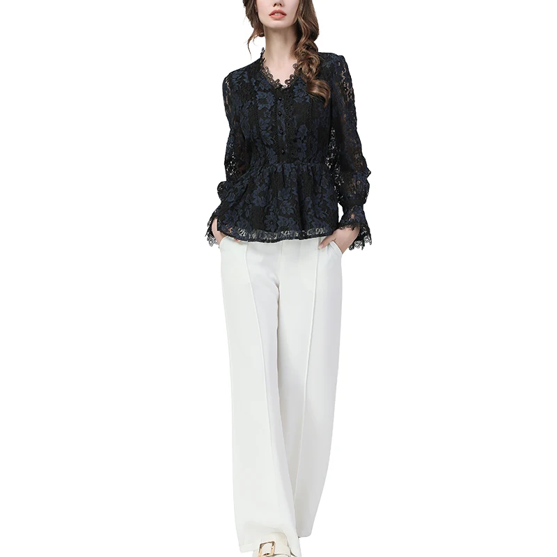 2021 Spring New Lace Blouse Women Embroidered Tops Long Flared Sleeve Elastic Waist V-Neck Beaded Ladies Fashion Vintage Shirts
2021 Spring New Lace Blouse Women Embroidered Tops Long Flared Sleeve Elastic Waist V-Neck Beaded Ladies Fashion Vintage Shirts