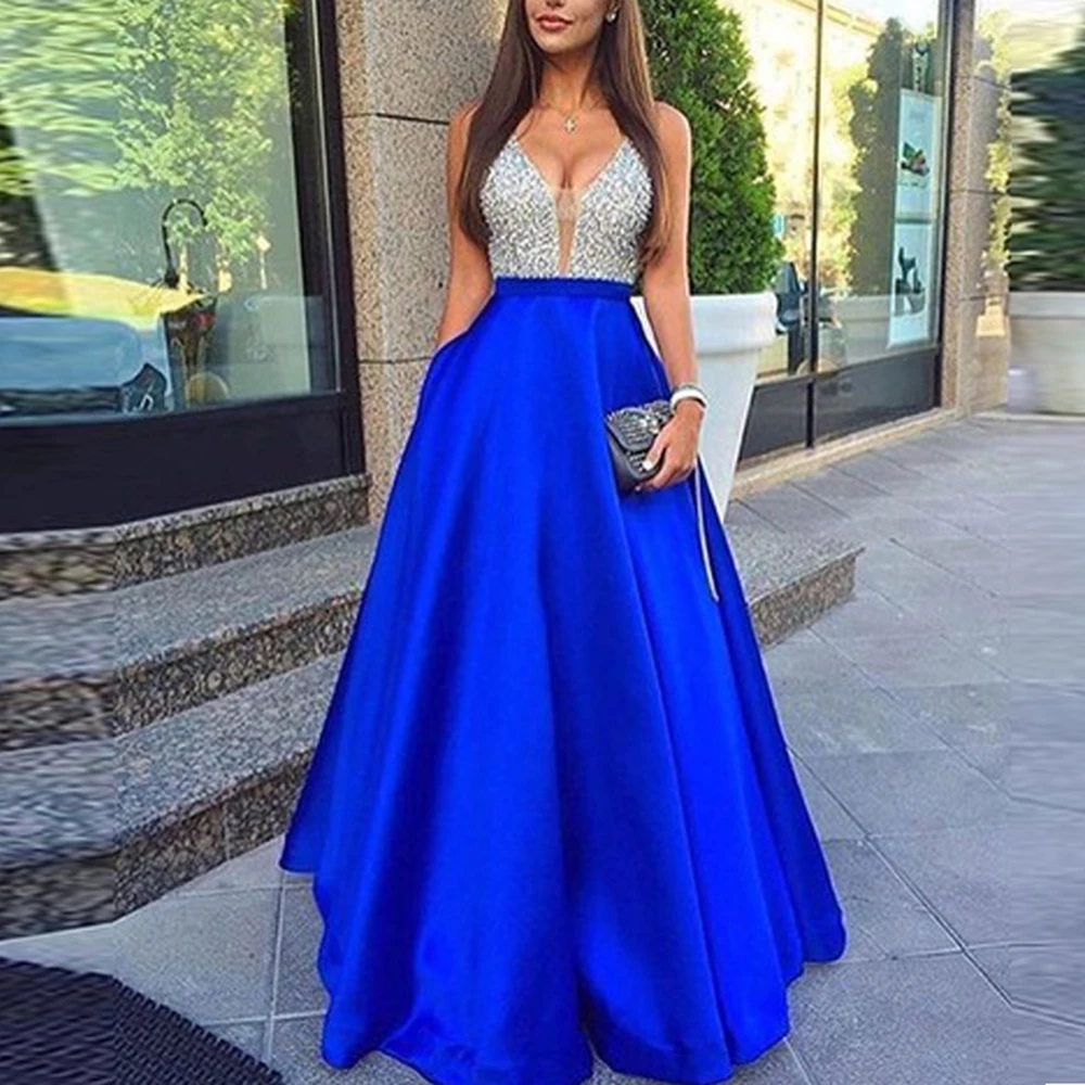 Sexy Royal Blue Evening Dresses 2021 Evening Party Gowns Long Formal V-Neck Satin Beading Backless Beach Cheap Women Dress Prom 
Sexy Royal Blue Evening Dresses 2021 Evening Party Gowns Long Formal V-Neck Satin Beading Backless Beach Cheap Women Dress Prom