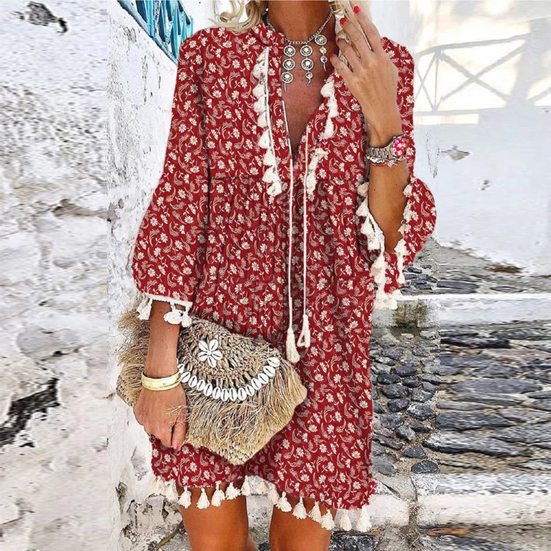 2021 Summer V Neck Tassel Beach Dress Spring Vintage Floral Print 3/4 Sleeve Party Dress Women Casual Loose A-Line Dress Vestido
2021 Summer V Neck Tassel Beach Dress Spring Vintage Floral Print 3/4 Sleeve Party Dress Women Casual Loose A-Line Dress Vestido