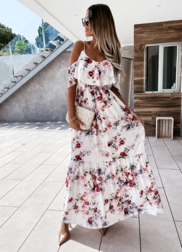 Женское длинное пляжное платье с цветочным принтом, открытыми плечами и V-образным вырезом 
Женское длинное пляжное платье с цветочным принтом, открытыми плечами и V-образным вырезом