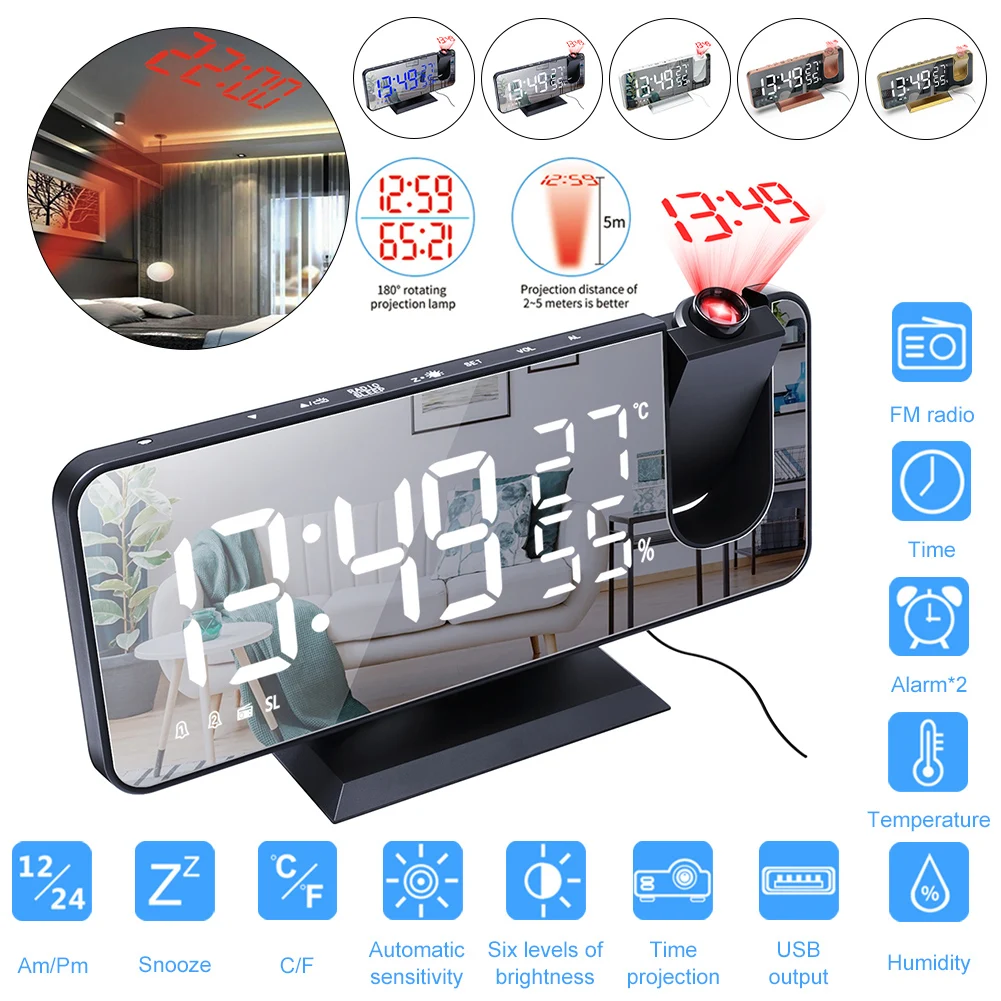 Rotatable Projection LED Digital Alarm Clock 180° USB Wake Up FM Radio Alarm Clock with Temperature Humidity Display for Office
Rotatable Projection LED Digital Alarm Clock 180° USB Wake Up FM Radio Alarm Clock with Temperature Humidity Display for Office