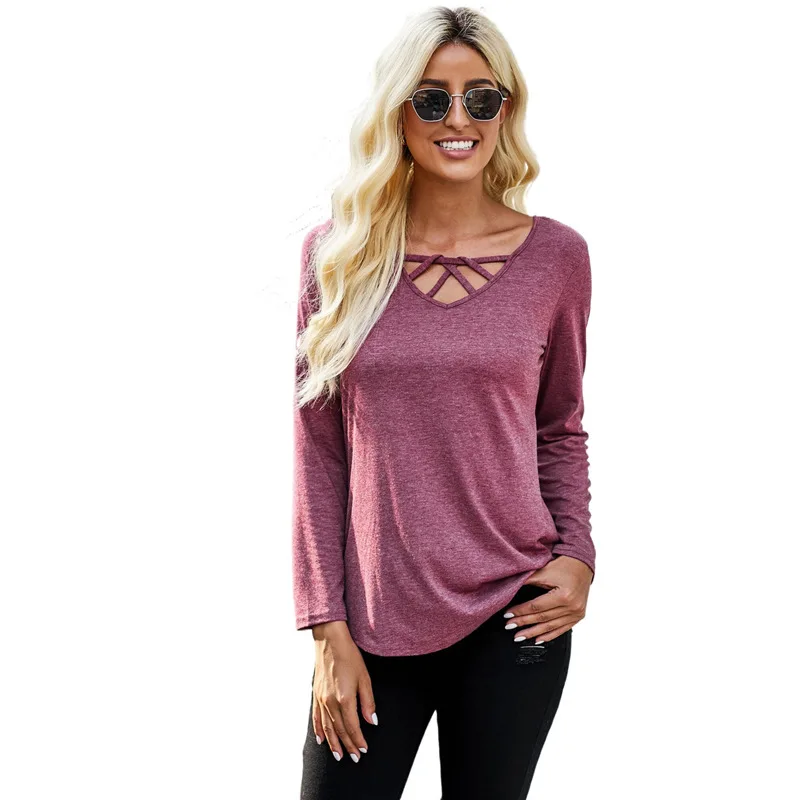 Fashion Spring New Solid Color T-Shirt Lady Chest Interwoven Hollow v-Neck Sexy Pullover Casual Blouse Long-Sleeved Women Tops
Fashion Spring New Solid Color T-Shirt Lady Chest Interwoven Hollow v-Neck Sexy Pullover Casual Blouse Long-Sleeved Women Tops