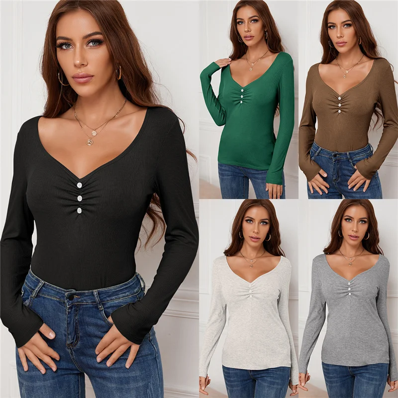 Ladies Casual Long Sleeve T-shirt, Women Retro Style Solid Color Button Decoration V-neck Chest Ruched Tops Slim Base Shirt
Ladies Casual Long Sleeve T-shirt, Women Retro Style Solid Color Button Decoration V-neck Chest Ruched Tops Slim Base Shirt