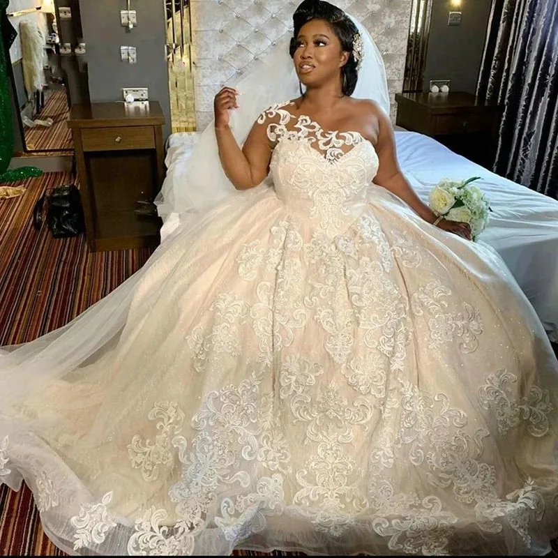 Plus Size African Wedding Dresses Sexy One Shoulder Lace Appliques Long Bride Dress A-Line Sleeveless Tulle Wedding Bridal Gowns