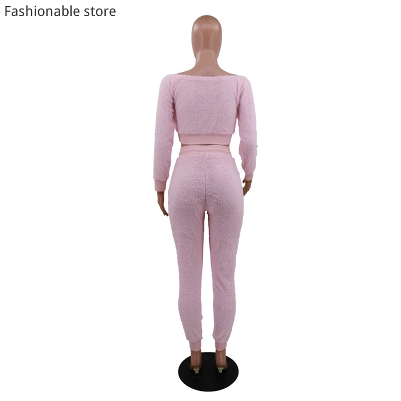Women Winter Thick Leisure Two-piece Suit Pink Slash Neck Long Sleeve Top and High Waist Drawstring Pants Set 
Women Winter Thick Leisure Two-piece Suit Pink Slash Neck Long Sleeve Top and High Waist Drawstring Pants Set