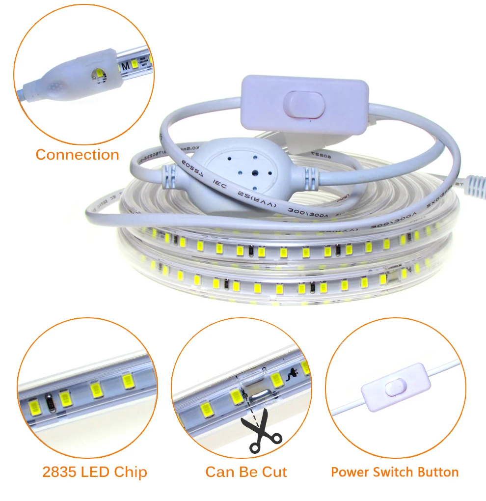 220 V Светодиодные ленты 2835 высокое Безопасность Яркость 120LED выключатель гибкие