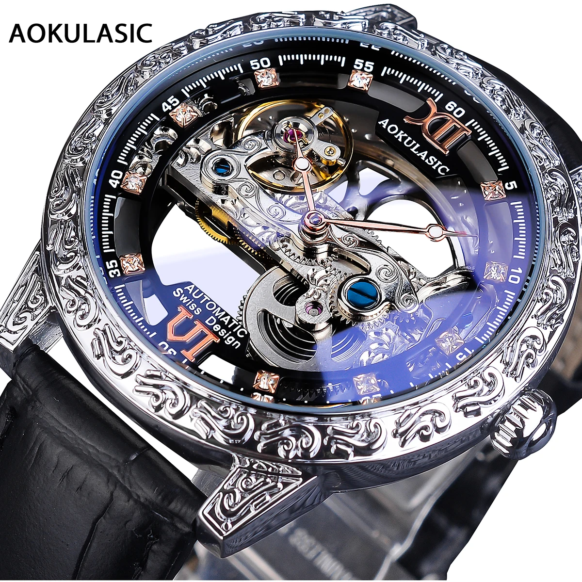 

AOKULASIC Luxury Diamond Men Automatic Leather Band Mechanical Carved Fashion Skeleton Tourbillon Wristwatch Waterproof Watches
