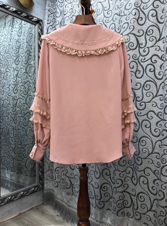 2020 Autumn and Winter new women's lace-trimmed large lapel stitching lace-up long sleeve neckline Joker shirt 915
2020 Autumn and Winter new women's lace-trimmed large lapel stitching lace-up long sleeve neckline Joker shirt 915