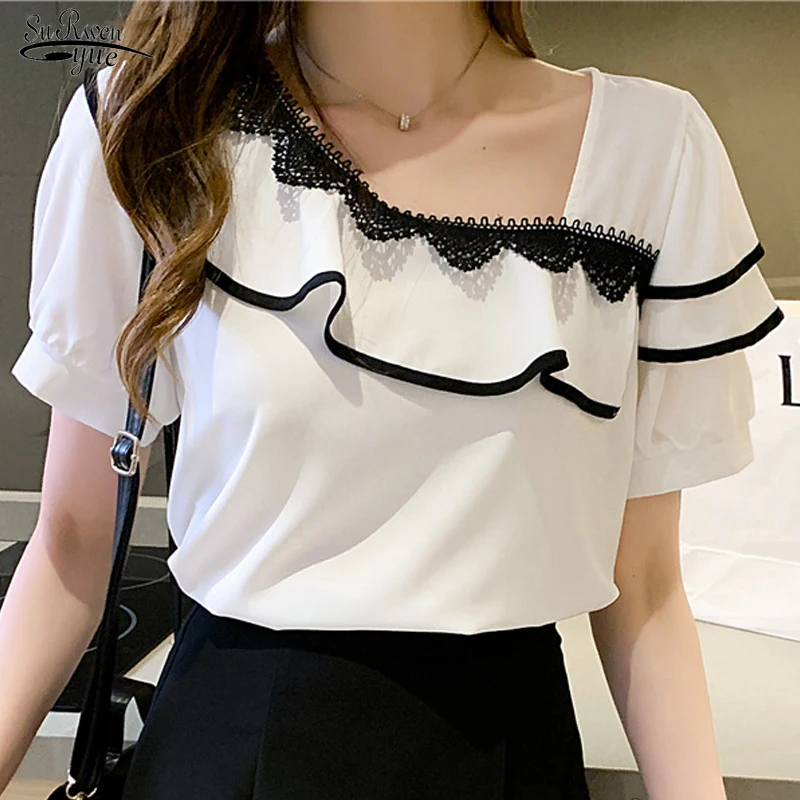 2022 Summer White Short Sleeve Fashion Puff Sleeve Lace Skew Collar Clothes New Sweet Ruffled Blouse Women Chiffon Shirt 15056
2022 Summer White Short Sleeve Fashion Puff Sleeve Lace Skew Collar Clothes New Sweet Ruffled Blouse Women Chiffon Shirt 15056