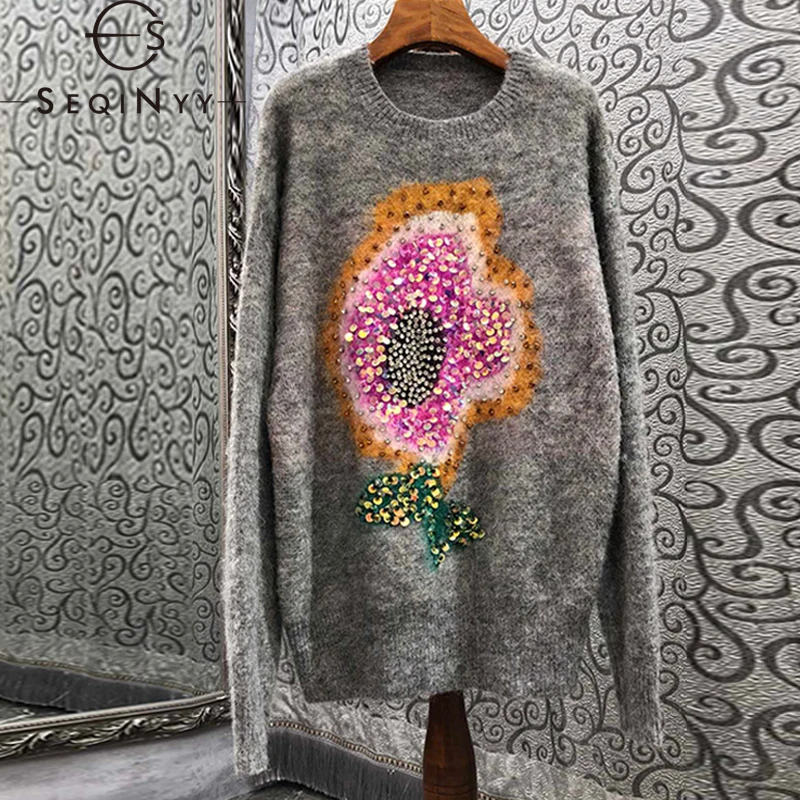 SEQINYY Grey Sweater Autumn Winter New Fashion Design Women Runway Crystal Sequins Flowers Casual Loose Pullovers
SEQINYY Grey Sweater Autumn Winter New Fashion Design Women Runway Crystal Sequins Flowers Casual Loose Pullovers