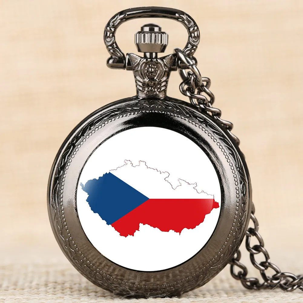 

Czech Republic Map Display Necklace Pocket Watch Quartz Pendant Clock Antique Souvenir Collection Timepiece with Sweater Chain