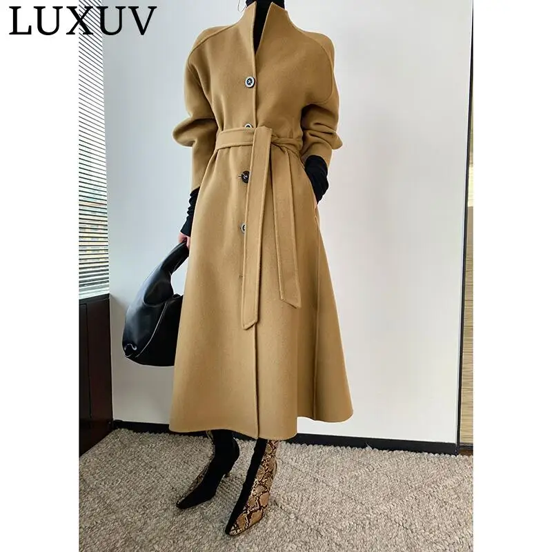 

LUXUV Women's Tweed Jacket Wool Blends Mixtures Trench Coats Stuffed Overcoat TopCoat Quality Outerwear Poncho Elegant Comfort