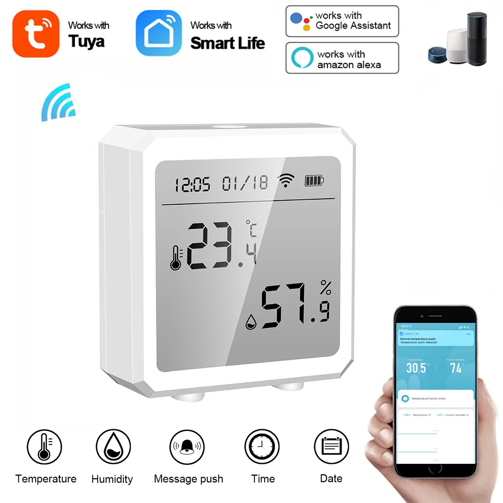 Датчик температуры и влажности Tuya Smart Life с Wi-Fi, комнатный гигрометр, термометр с ЖК-дисплеем, поддержка Alexa Google Home
Датчик температуры и влажности Tuya Smart Life с Wi-Fi, комнатный гигрометр, термометр с ЖК-дисплеем, поддержка Alexa Google Home