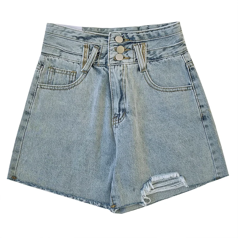 Light blue summer high waist button raw edges and holes loose wide-leg denim shorts
Light blue summer high waist button raw edges and holes loose wide-leg denim shorts