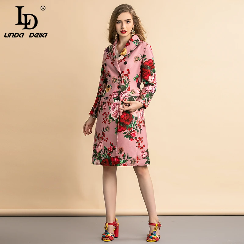 Женское шерстяное пальто LD LINDA DELLA двубортное винтажное с цветочным принтом на