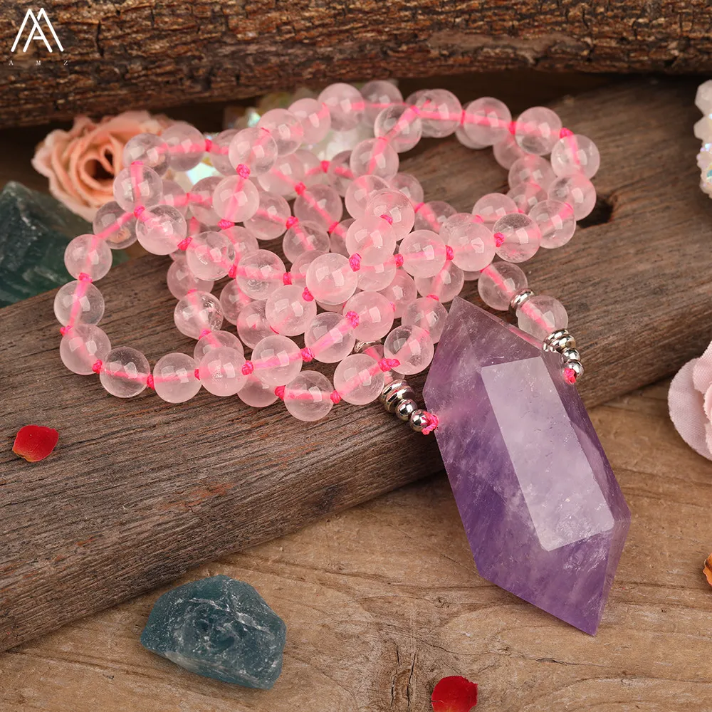 Natural Amethysts Quartz Double Point Pendant Matted Pink Roses Quartz Round Beads Knotted Necklace Handmade Jewelry Dropship
Natural Amethysts Quartz Double Point Pendant Matted Pink Roses Quartz Round Beads Knotted Necklace Handmade Jewelry Dropship