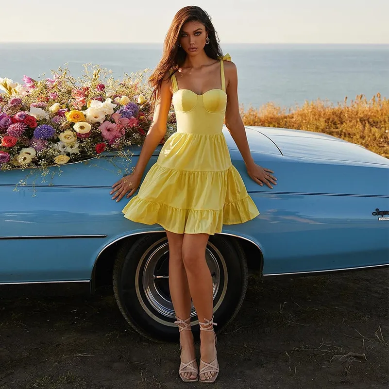 Yellow Spaghetti Straps Cocktail Dresses Tiered A-Line Prom Dresses With Zipper Back Special Occasion Gowns robes de cocktail
Yellow Spaghetti Straps Cocktail Dresses Tiered A-Line Prom Dresses With Zipper Back Special Occasion Gowns robes de cocktail