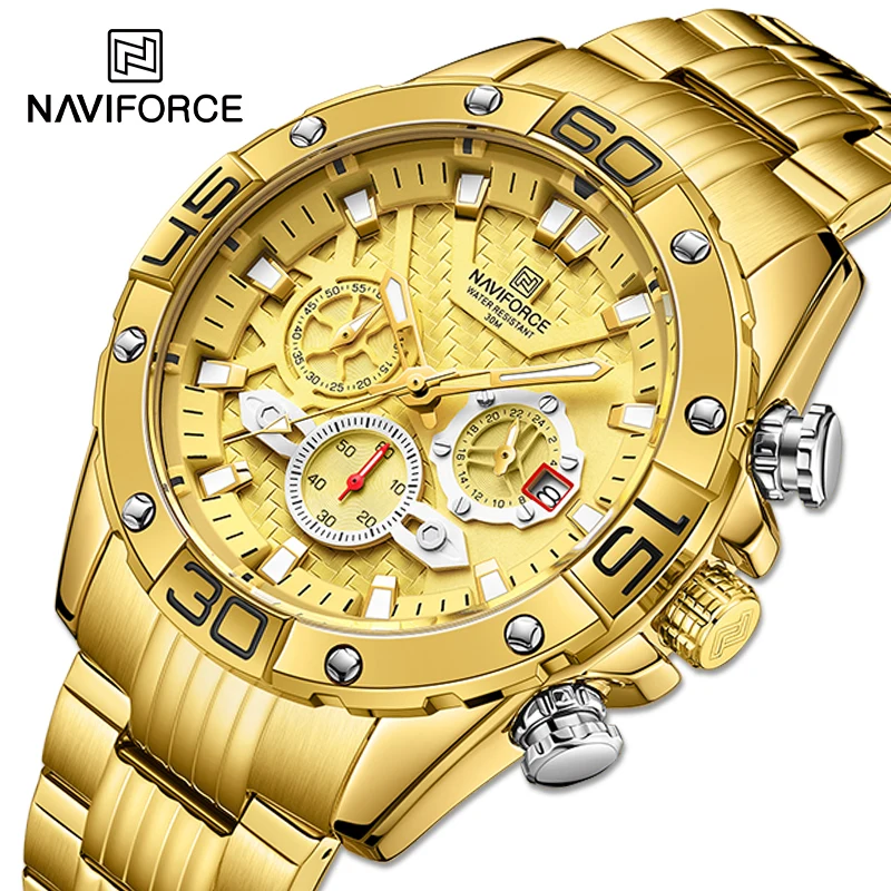 Часы NAVIFORCE мужские, повседневные, золотые, из нержавеющей стали, светящиеся, водонепроницаемые, с хронографом, кварцевые часы для мужчин
Часы NAVIFORCE мужские, повседневные, золотые, из нержавеющей стали, светящиеся, водонепроницаемые, с хронографом, кварцевые часы для мужчин