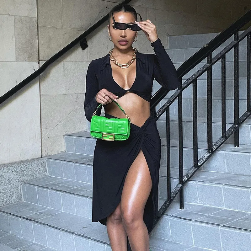 Storyever 2021 Fall Women Clothing Fashion Long Sleeve V-neck Crop T-shirt Slim Slit Solid Color Ladies Skirt Set
Storyever 2021 Fall Women Clothing Fashion Long Sleeve V-neck Crop T-shirt Slim Slit Solid Color Ladies Skirt Set