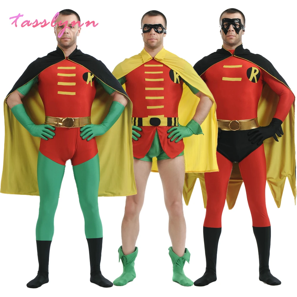 

Robin Damian Wayne Cosplay Costume Party Tim Drake Red Cosplay Jumpsuits & Rompers with Cloak Zentai Halloween Costume