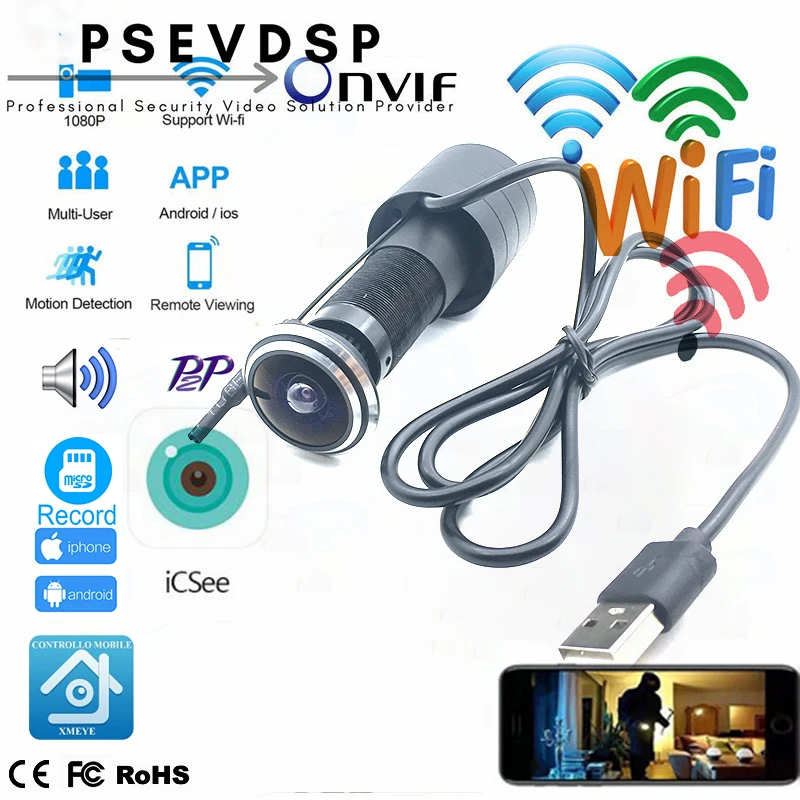 Камера видеонаблюдения ICSEE Xmeye сетевой мини-глазок для двери 1080P HD объектив 1 78 мм
