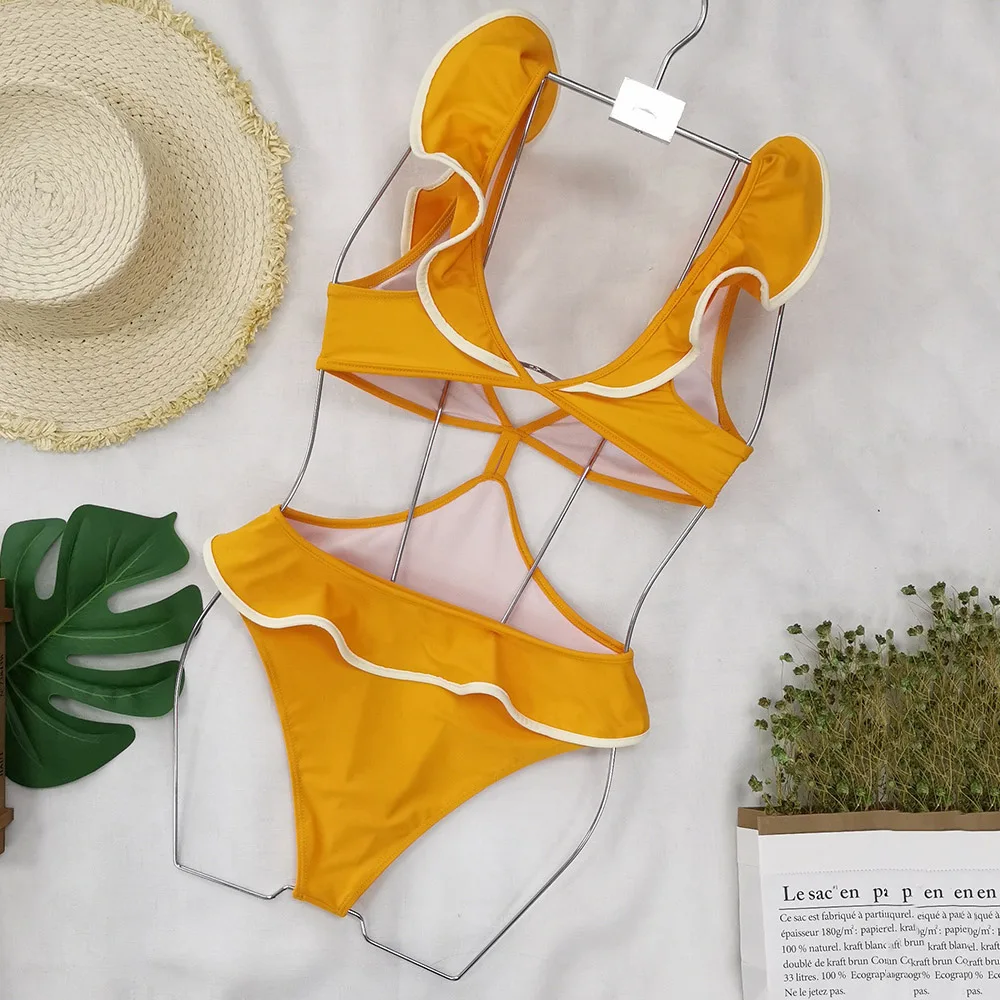 Sexy Swimwear Women Yellow One-Piece Bikini Open Back Hollow Ruffled Fashion Western Beach Style 2021 Summer New
Sexy Swimwear Women Yellow One-Piece Bikini Open Back Hollow Ruffled Fashion Western Beach Style 2021 Summer New