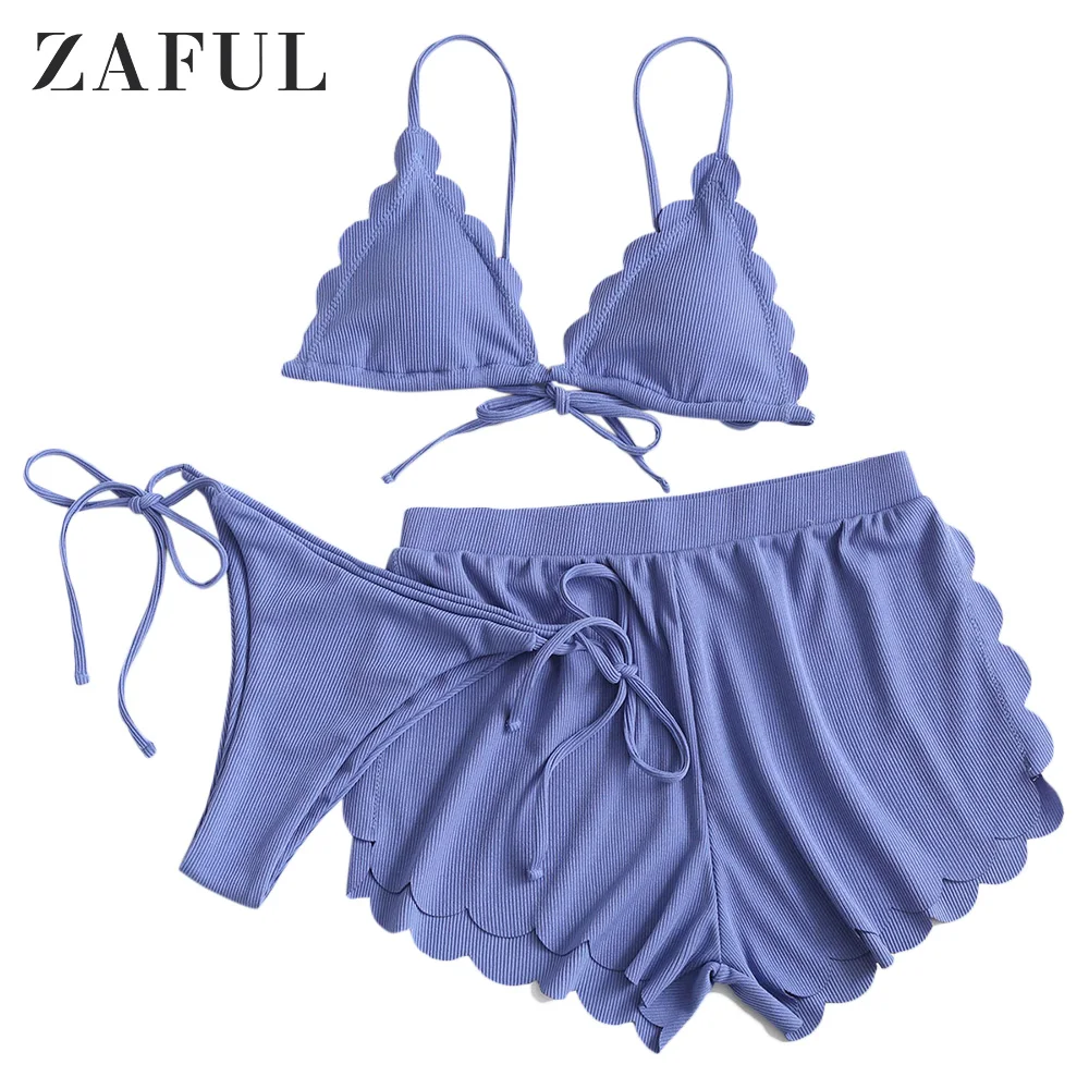 

Ribbed Scalloped Cami Three Pieces Bikini Swimsuit Cornflower Blue Women Low Waisted Triangle Bikini Sets Padded Swimwear