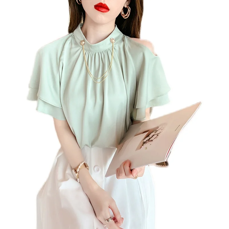 Women's Ruffles Shirt Solid Blouses for Women Flare Sleeve Shirt Women's Clothing 2021 White Stand Neck Basic Blouse with Chain
Women's Ruffles Shirt Solid Blouses for Women Flare Sleeve Shirt Women's Clothing 2021 White Stand Neck Basic Blouse with Chain