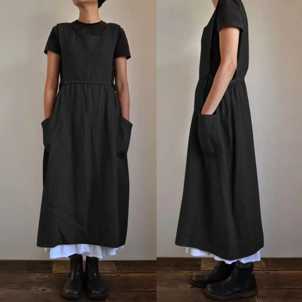 Women Dress Solid Color Sleeveless Square Neck Pockets Cotton Linen Apron Long Dress женское платье vestido de mujer 2020
Women Dress Solid Color Sleeveless Square Neck Pockets Cotton Linen Apron Long Dress женское платье vestido de mujer 2020