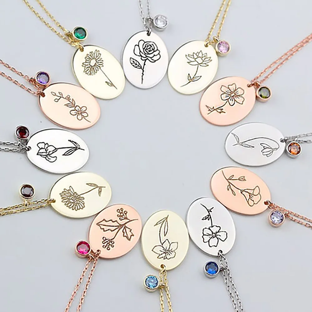 

Memento Custom Diamond Birth Flower Necklace Nameplate Stainless Steel Never Fade Gold Jewelry Pendant Men Women Birthday Gift