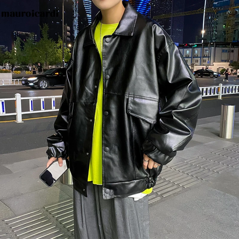 Mauroicardi Autumn Oversized Black Faux Leather Jacket Long Sleeve Pockets Buttons Casual Loose Korean Fashion 2022 Streetwear
Mauroicardi Autumn Oversized Black Faux Leather Jacket Long Sleeve Pockets Buttons Casual Loose Korean Fashion 2022 Streetwear