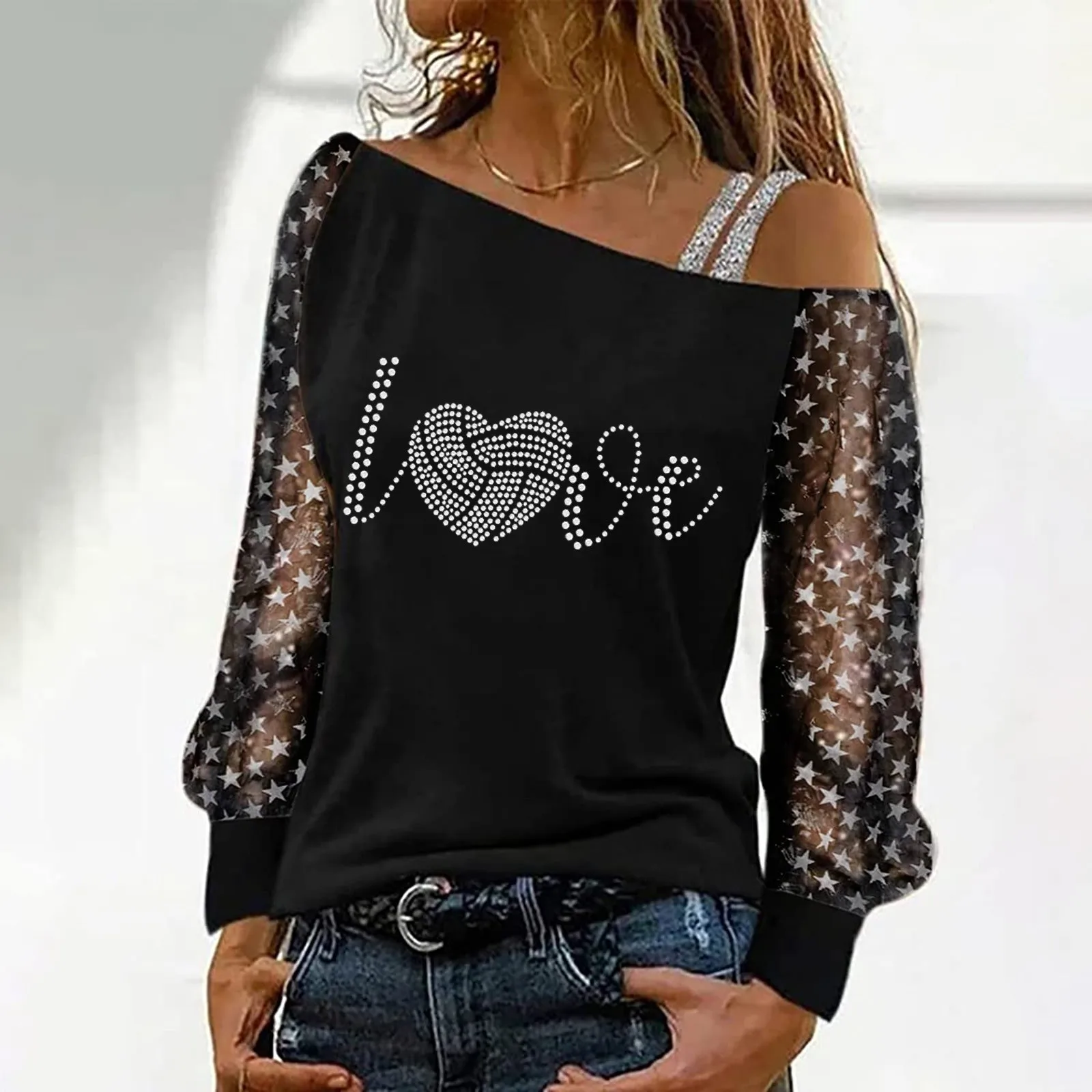 Off Shoulder Top Fall Winter Casual Wear Strap Women Lightweight Pullover Sexy Long Sleeve Rhinestine Net Yarn Sequin T Shirts
Off Shoulder Top Fall Winter Casual Wear Strap Women Lightweight Pullover Sexy Long Sleeve Rhinestine Net Yarn Sequin T Shirts