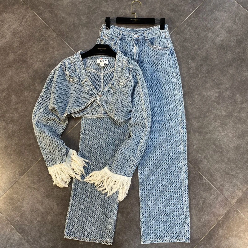 2021 Autumn New Arrivals Long Tassel Sleeve Single Button Denim Short Jackethigh Waist Full Jeans Two Piece Set Women
2021 Autumn New Arrivals Long Tassel Sleeve Single Button Denim Short Jackethigh Waist Full Jeans Two Piece Set Women