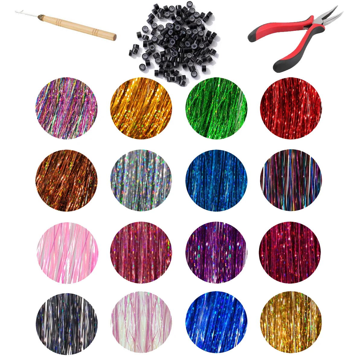 

16PCS 3200Strands Sparkle Hair Tinsel Kit With Tools Rainbow Bling Hair Secoration Girls Synthetic Hair Extension Glitter Party