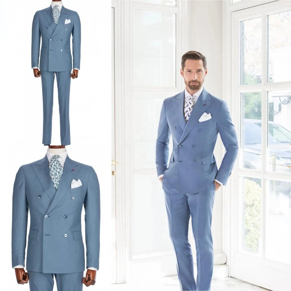 

Men's Suits 2 Pieces Double Breasted Linen Rayon Blue Blazers Slim Fit Formal Wedding Costume Tuxedos Jacket+Pants