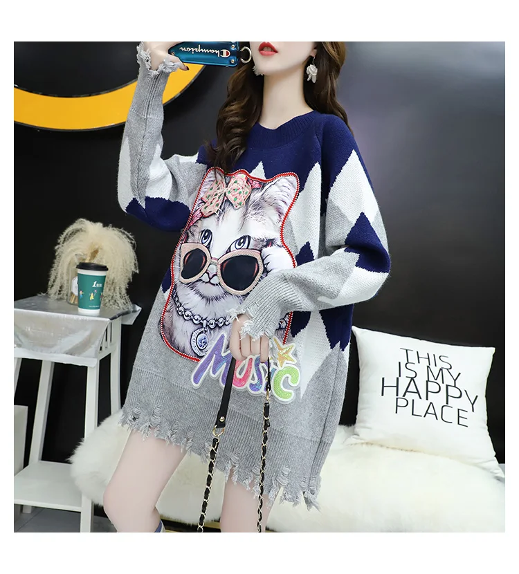 Spring Winter Women Cute Sweater and Jumpers Cartoon Cats Chic Long Sweaters Knit Pullovers Women Broken Hole Korean jumper
Spring Winter Women Cute Sweater and Jumpers Cartoon Cats Chic Long Sweaters Knit Pullovers Women Broken Hole Korean jumper