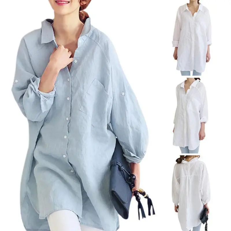 Solid Color Shirts Blouses Women Fashion Casual Long Tops Female V-neck Loose Blouse 
Solid Color Shirts Blouses Women Fashion Casual Long Tops Female V-neck Loose Blouse