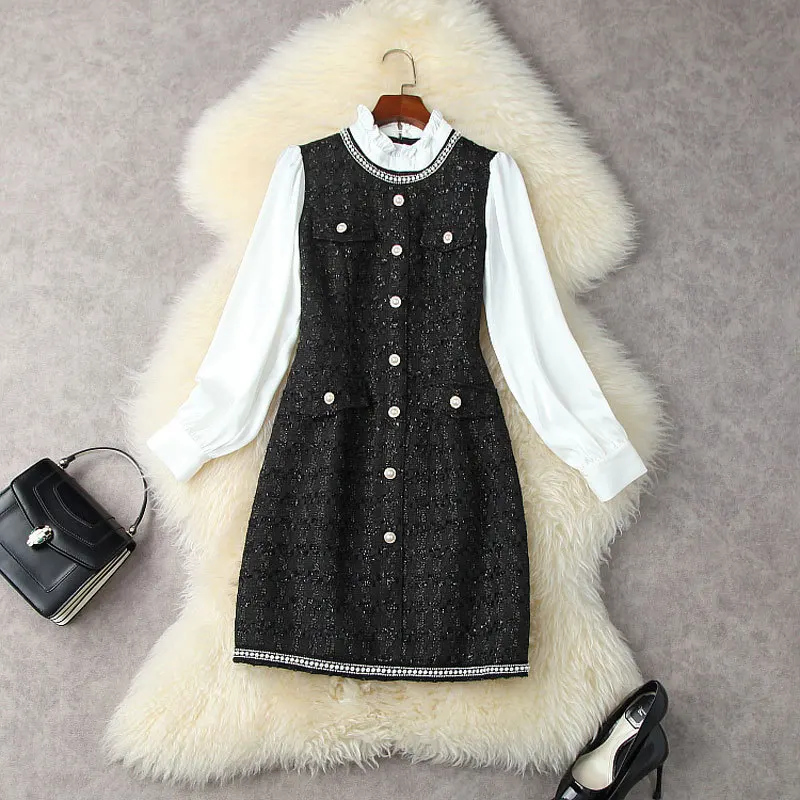 Женское твидовое платье с длинным рукавом, дизайнерское лоскутное шерстяное платье-трапеция Мини с оборками на воротнике, жемчужными бусин... 
Женское твидовое платье с длинным рукавом, дизайнерское лоскутное шерстяное платье-трапеция Мини с оборками на воротнике, жемчужными бусин...