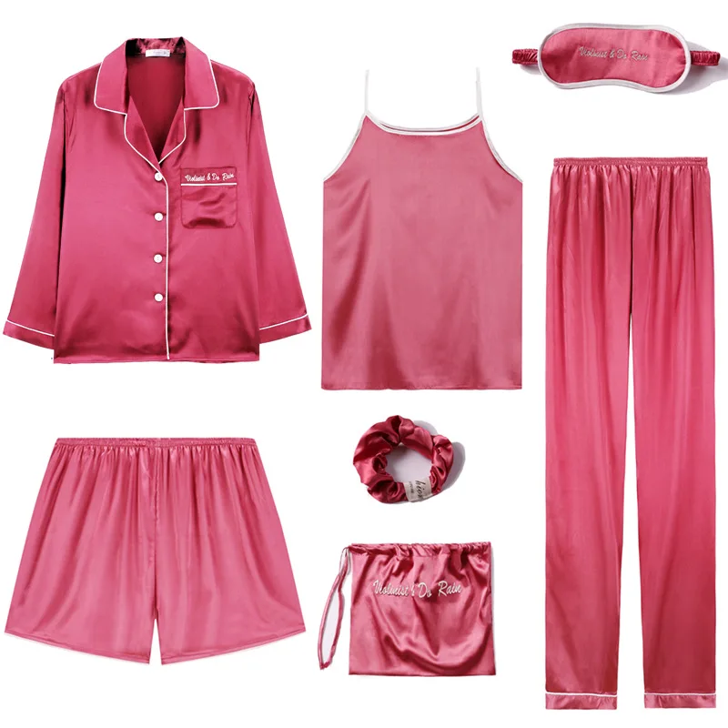 Women's 7 Pieces Pajamas Sets Faux Silk Sleepwear Women Set Spring Summer Autumn Homewear
Women's 7 Pieces Pajamas Sets Faux Silk Sleepwear Women Set Spring Summer Autumn Homewear