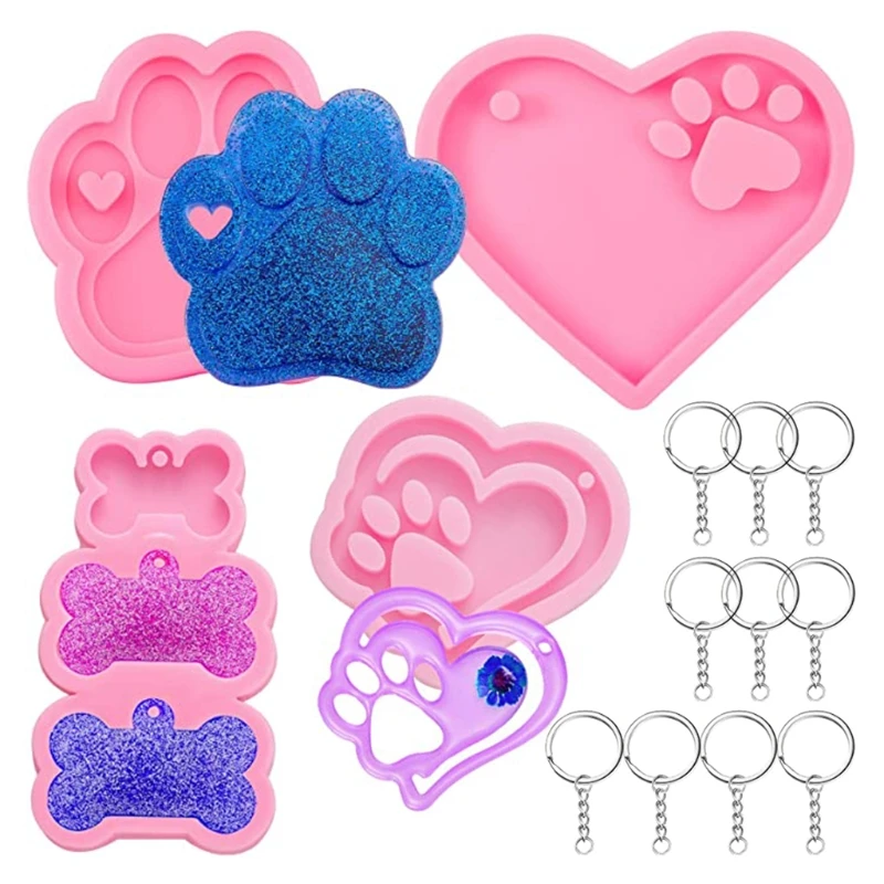 4 Pieces Dog Paw Silicone Moulds with 10pcs Keyrings Heart Dog Paw Dog Bone Shape Epoxy Resin Mold DIY Crafts Jewelry Pendants
4 Pieces Dog Paw Silicone Moulds with 10pcs Keyrings Heart Dog Paw Dog Bone Shape Epoxy Resin Mold DIY Crafts Jewelry Pendants