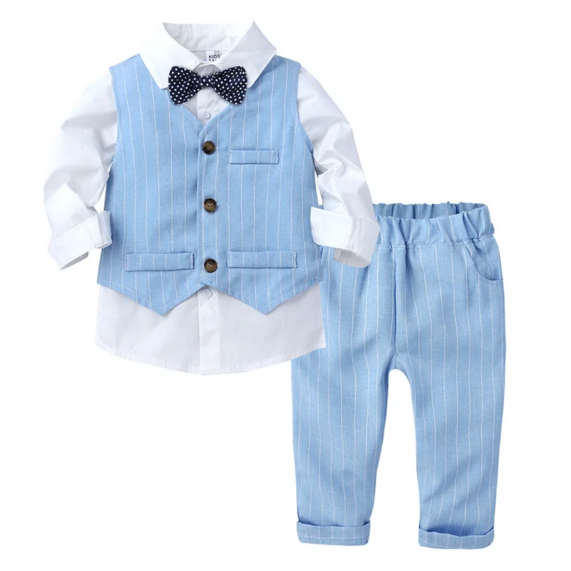 3 Pcs Set Baby Boy Dress Suit T Shirt Vest Pants Toddler Kids Boys Bow Tie Clothes Party Outfit Cotton Wedding Costume for 6M-4T |